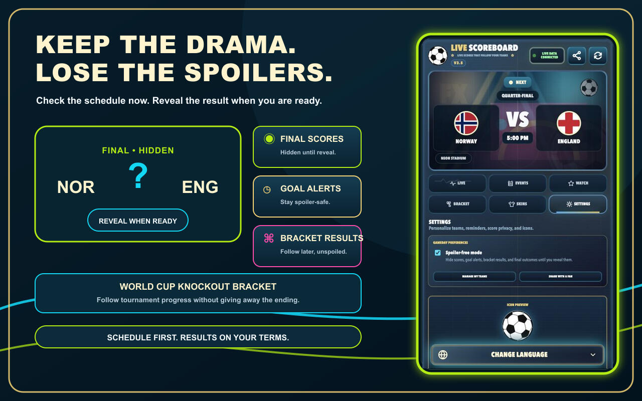 Live Scoreboard spoiler mode hiding final scores, goal alerts, and bracket results